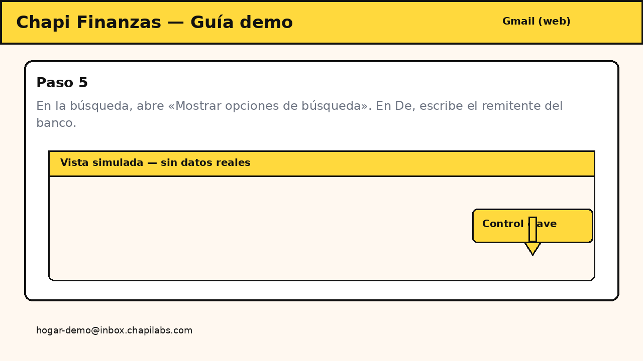 Opciones de búsqueda de Gmail con el remitente del banco.