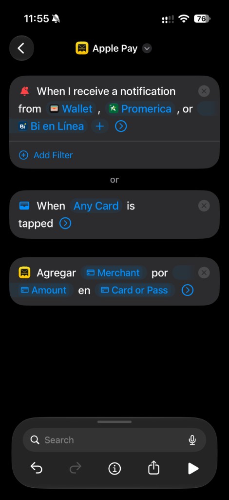 Automatización de Atajos: notificación de Wallet o apps bancarias, o cuando se toca cualquier tarjeta, y la acción Agregar Merchant por Amount en Card or Pass de Chapi Finanzas.