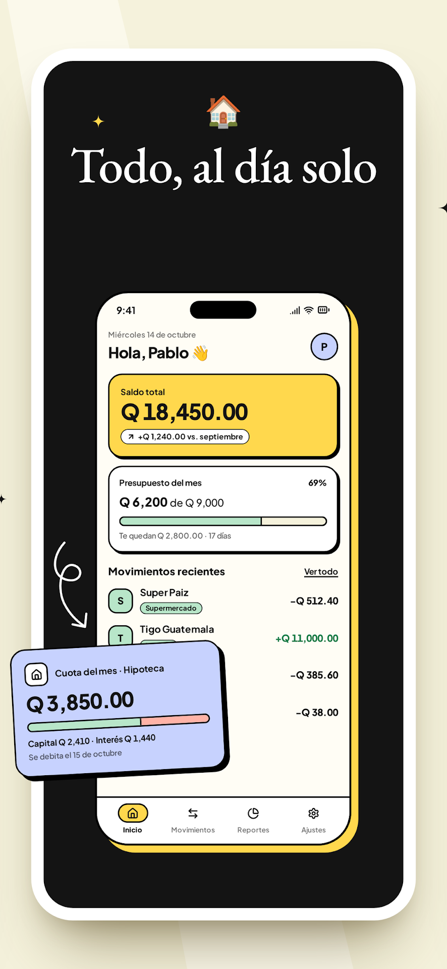 Captura de Google Play: saldo, presupuesto y movimientos al día.