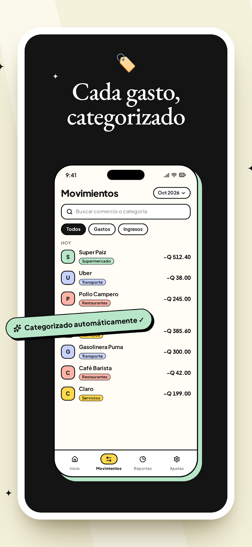 Captura de Google Play: cada gasto categorizado automáticamente.