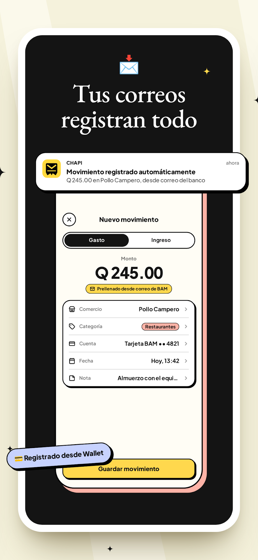 Captura de Google Play: movimientos registrados desde correos del banco.