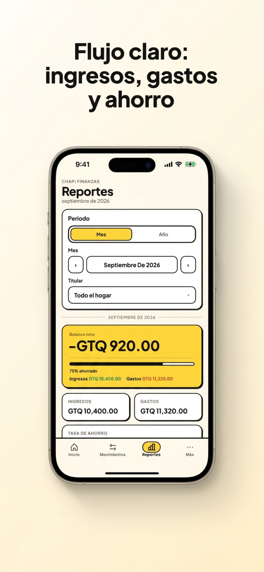 Captura de App Store: flujo claro de ingresos, gastos y ahorro.
